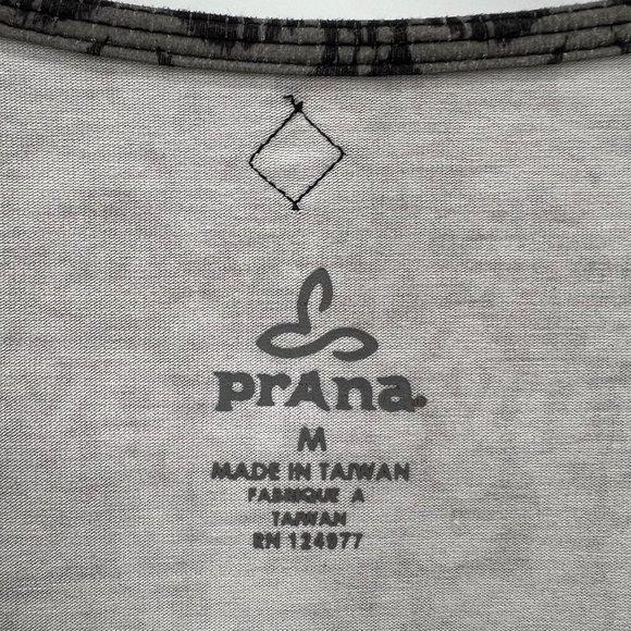 Prana Printed V-Neck Faux Wrap Twist Front Dress Black Grey Stretch Size Medium - Picture 3 of 8